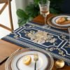 Detail table runner Camilla biru dengan motif floral pada meja