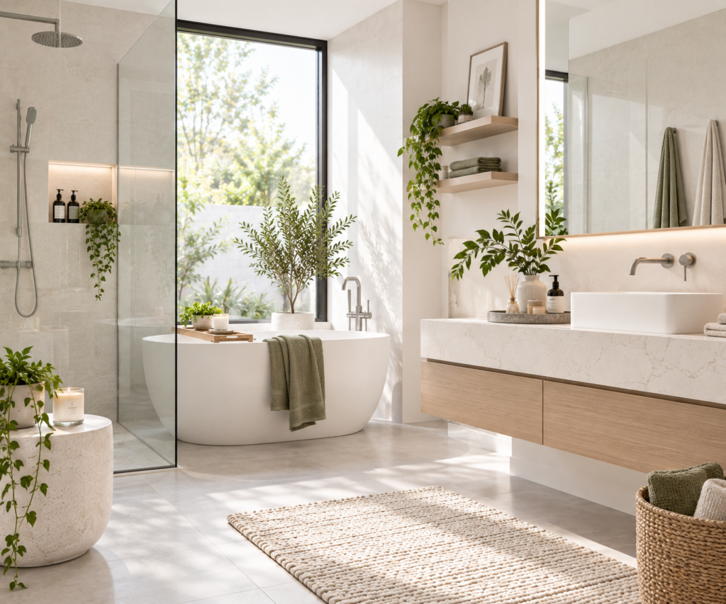 Inspirasi kamar mandi modern minimalis dengan dekorasi natural MAIIKA