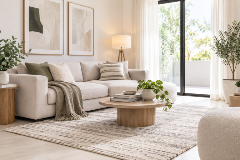 Ruang tamu minimalis yang hangat dan nyaman dengan sofa netral dan karpet