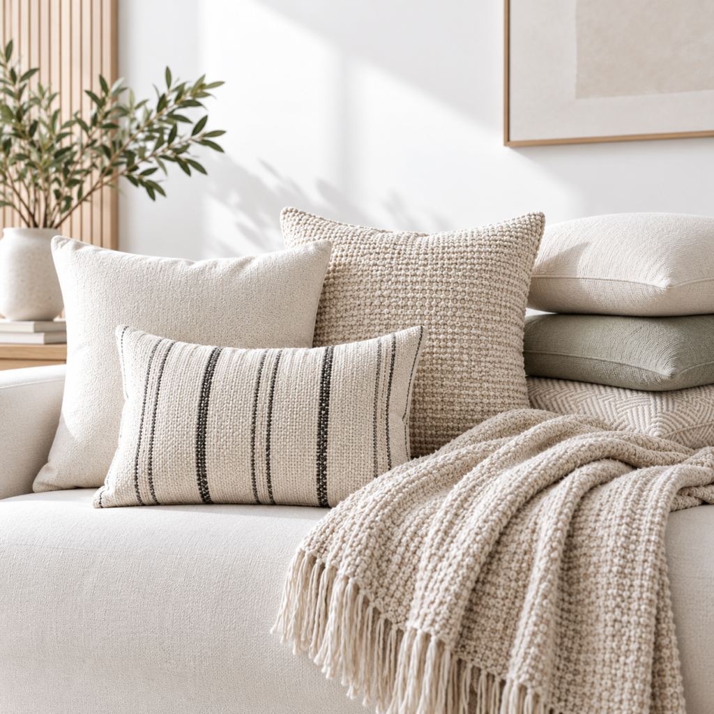 Bantal dekorasi dan linen bernuansa netral Maiika