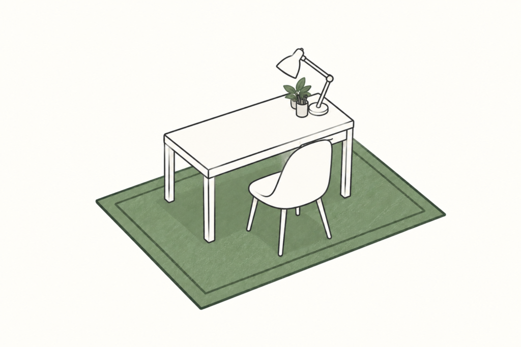 Ilustrasi penempatan karpet di bawah meja dan kursi ruang kerja