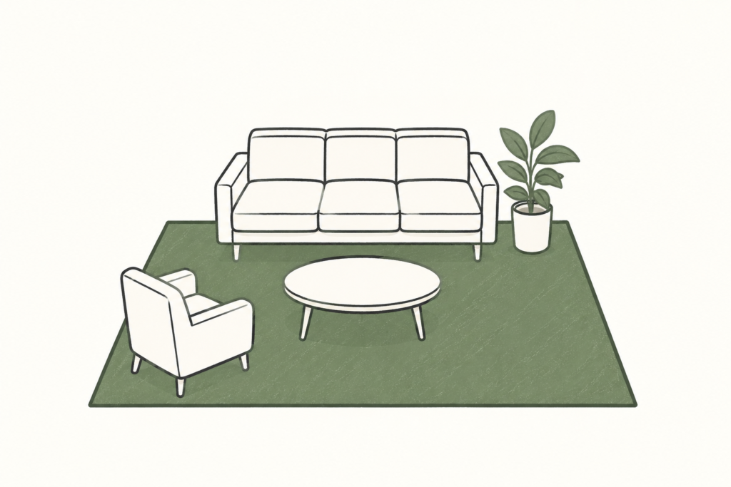 Ilustrasi penempatan karpet di bawah sofa, kursi, dan meja ruang tamu