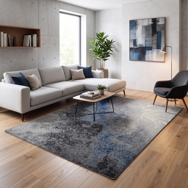 Karpet Kamakura warna biru Maiika di ruang tamu