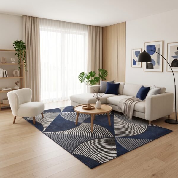 Karpet Nara warna biru Maiika di ruang tamu