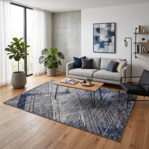 Karpet Otaru warna biru Maiika di ruang tamu