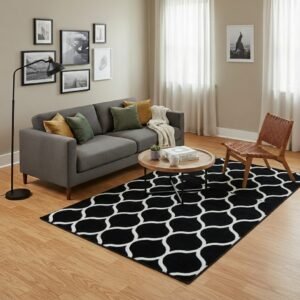 Karpet Ovalis Hitam Maiika di ruang tamu