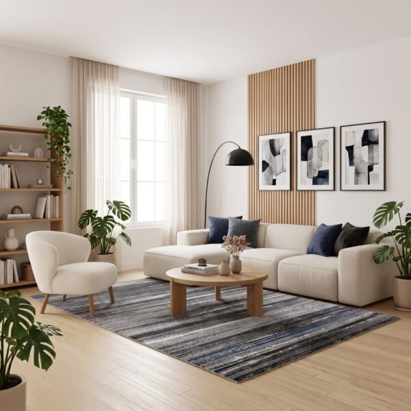 Karpet Sendai warna biru Maiika di ruang tamu